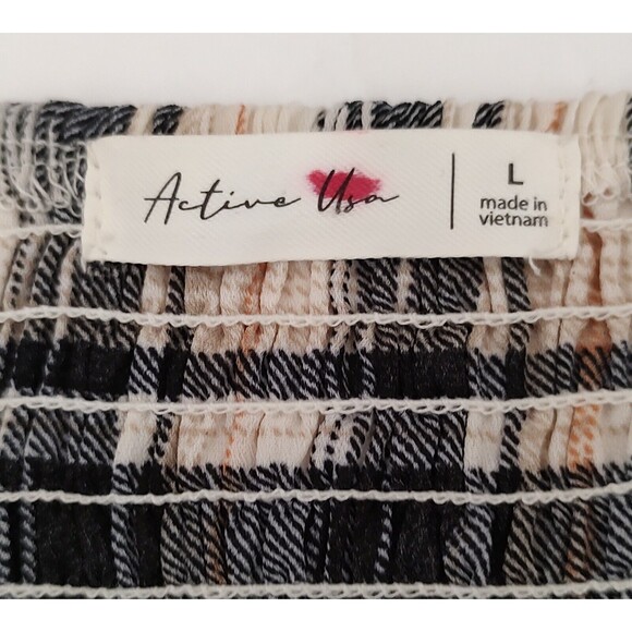 Active USA Womens Long Puff Sleeve Cropped Top Smocked Plaid Check Multicolor L - Picture 2 of 9